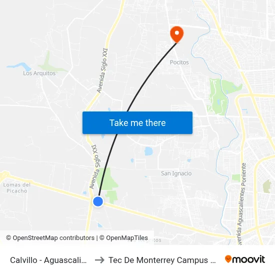 Calvillo - Aguascalientes, 5343 to Tec De Monterrey Campus Aguascalientes map