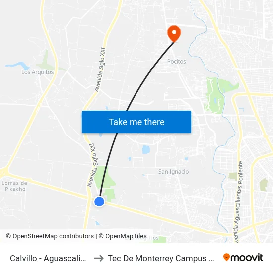 Calvillo - Aguascalientes, 5343 to Tec De Monterrey Campus Aguascalientes map
