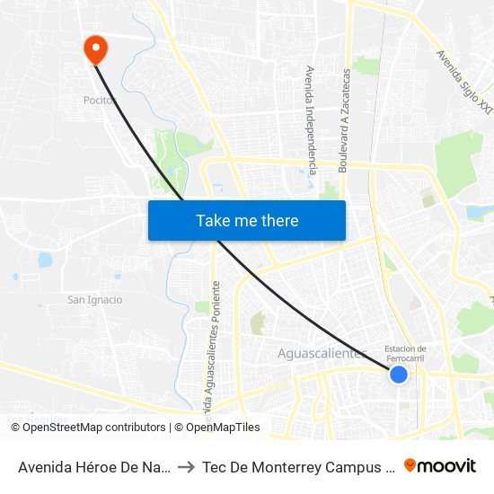 Avenida Héroe De Nacozari, 405a to Tec De Monterrey Campus Aguascalientes map