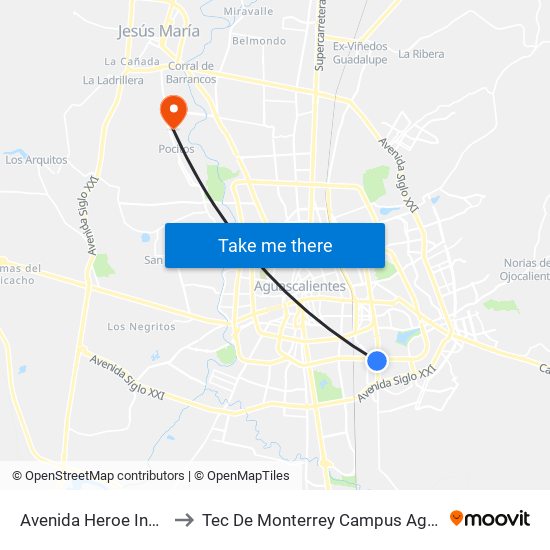 Avenida Heroe Inmortal, 1 to Tec De Monterrey Campus Aguascalientes map