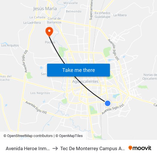 Avenida Heroe Inmortal, 258 to Tec De Monterrey Campus Aguascalientes map