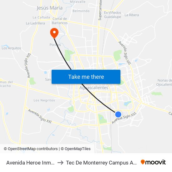 Avenida Heroe Inmortal, 403 to Tec De Monterrey Campus Aguascalientes map