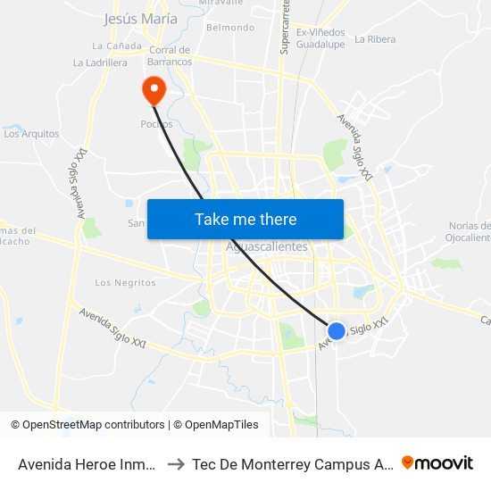 Avenida Heroe Inmortal, 1009 to Tec De Monterrey Campus Aguascalientes map