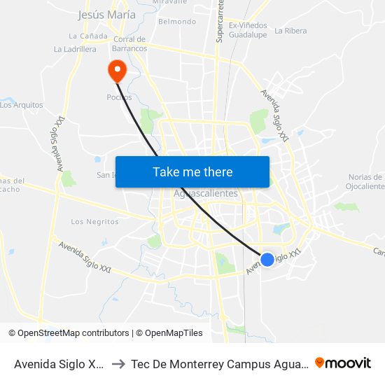 Avenida Siglo Xxi, 319 to Tec De Monterrey Campus Aguascalientes map