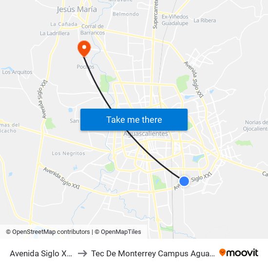 Avenida Siglo Xxi, 201 to Tec De Monterrey Campus Aguascalientes map