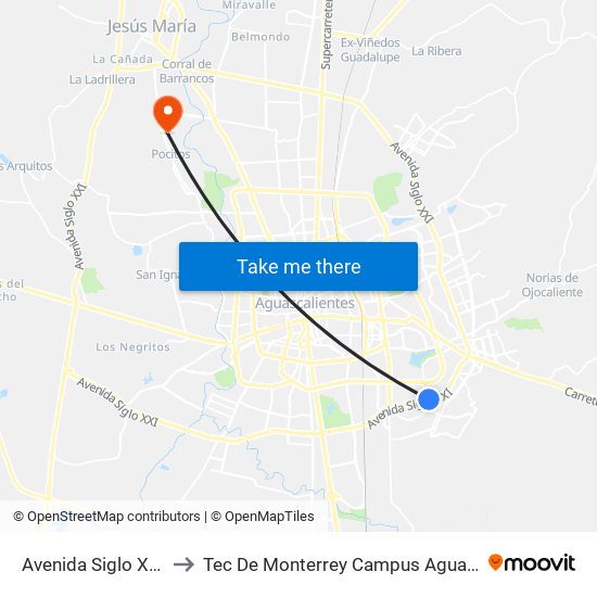 Avenida Siglo Xxi, 841 to Tec De Monterrey Campus Aguascalientes map