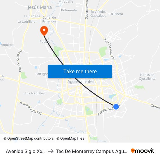 Avenida Siglo Xxi, 1015 to Tec De Monterrey Campus Aguascalientes map