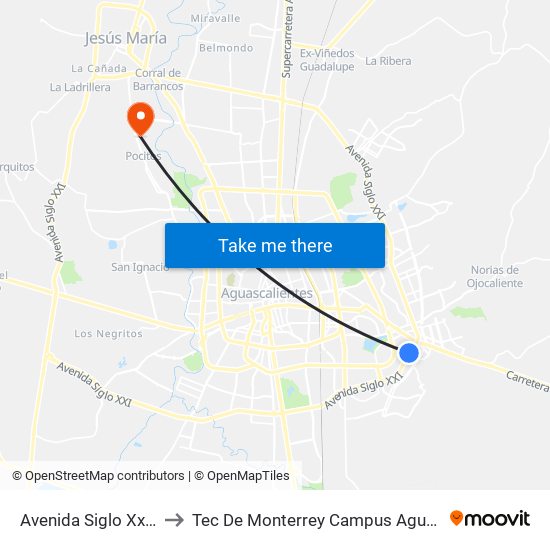 Avenida Siglo Xxi, 161d to Tec De Monterrey Campus Aguascalientes map