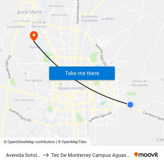 Avenida Sotol 184 to Tec De Monterrey Campus Aguascalientes map