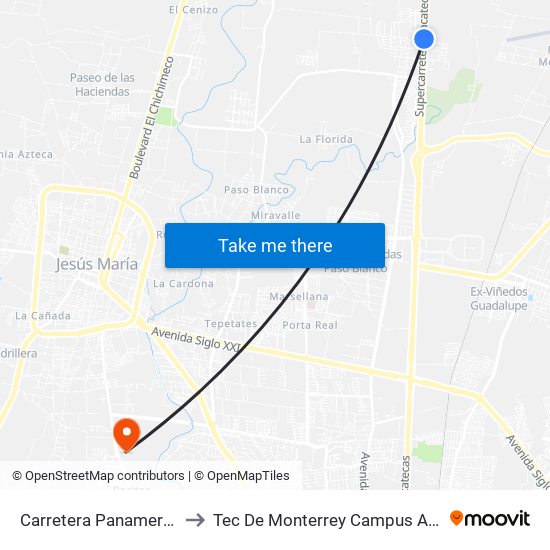 Carretera Panamericana, 113 to Tec De Monterrey Campus Aguascalientes map
