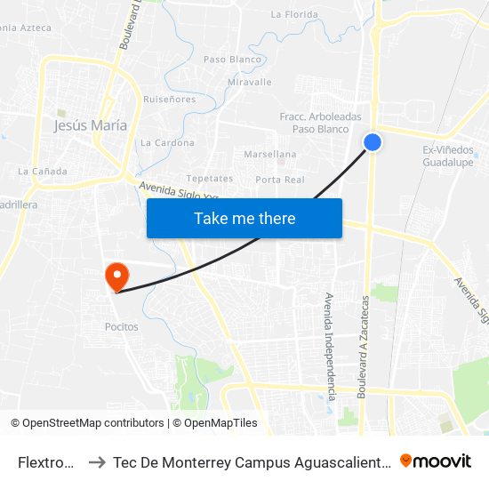Flextronix to Tec De Monterrey Campus Aguascalientes map