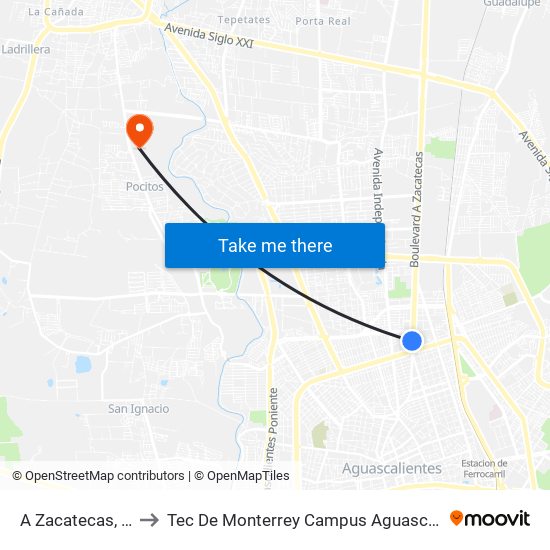 A Zacatecas, 535 to Tec De Monterrey Campus Aguascalientes map