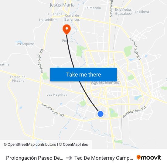 Prolongación Paseo De La Asunción, 201 to Tec De Monterrey Campus Aguascalientes map