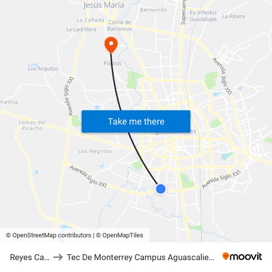 Reyes Cars to Tec De Monterrey Campus Aguascalientes map