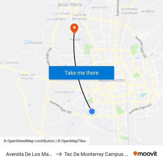 Avenida De Los Maestros, 108 to Tec De Monterrey Campus Aguascalientes map
