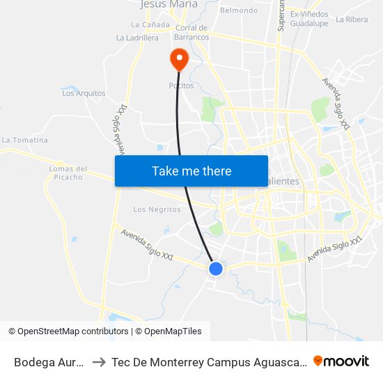 Bodega Aurrera to Tec De Monterrey Campus Aguascalientes map