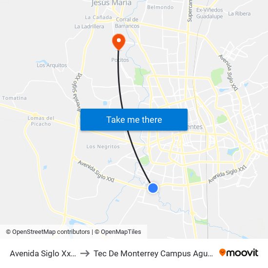 Avenida Siglo Xxi, 3832 to Tec De Monterrey Campus Aguascalientes map