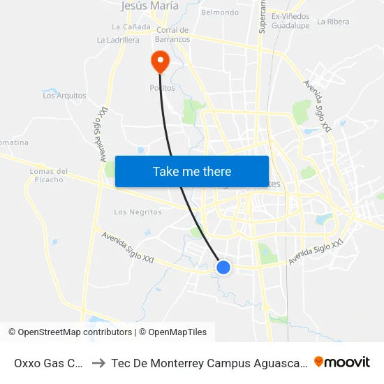 Oxxo Gas Cualli to Tec De Monterrey Campus Aguascalientes map