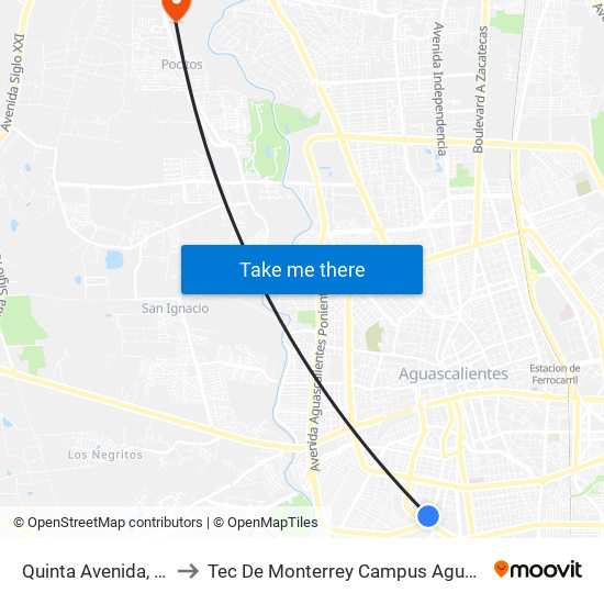 Quinta Avenida, 1001d to Tec De Monterrey Campus Aguascalientes map