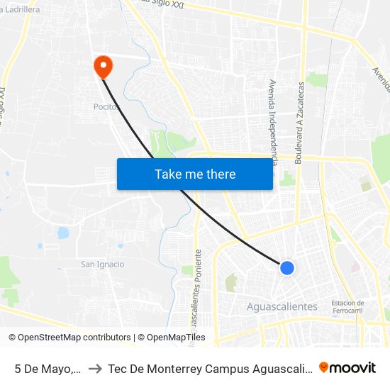5 De Mayo, 93 to Tec De Monterrey Campus Aguascalientes map