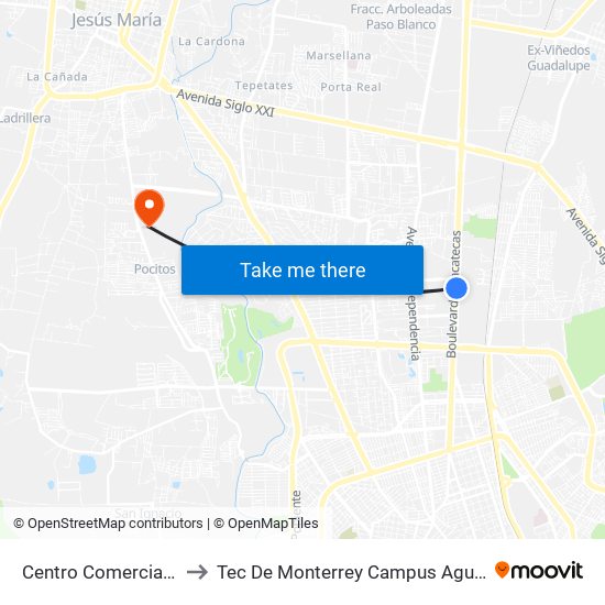 Centro Comercial Altaria to Tec De Monterrey Campus Aguascalientes map