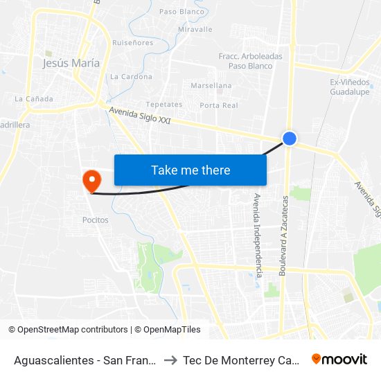 Aguascalientes - San Francisco De Los Romo, 273 to Tec De Monterrey Campus Aguascalientes map
