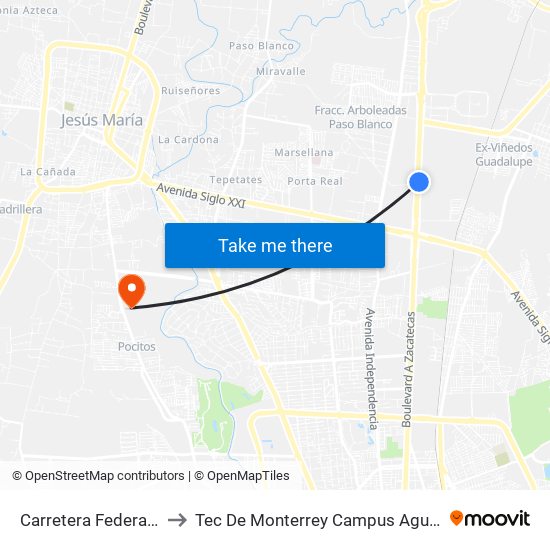 Carretera Federal 45, 81 to Tec De Monterrey Campus Aguascalientes map