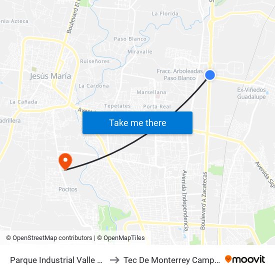 Parque Industrial Valle De Aguascalientes to Tec De Monterrey Campus Aguascalientes map