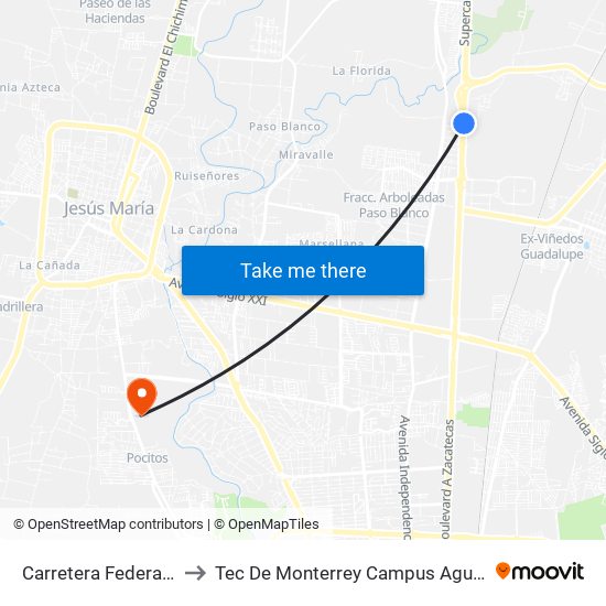 Carretera Federal 45, 13 to Tec De Monterrey Campus Aguascalientes map
