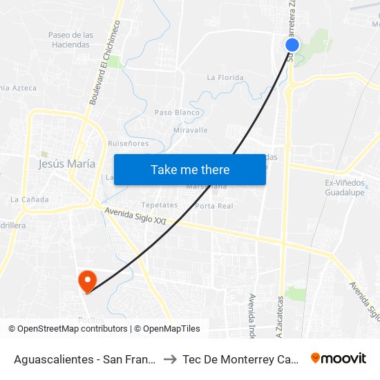 Aguascalientes - San Francisco De Los Romo, 953 to Tec De Monterrey Campus Aguascalientes map