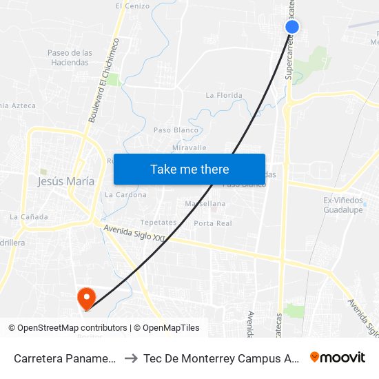 Carretera Panamericana, 18 to Tec De Monterrey Campus Aguascalientes map
