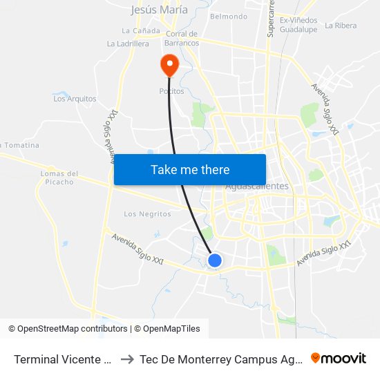 Terminal Vicente Guerrero to Tec De Monterrey Campus Aguascalientes map