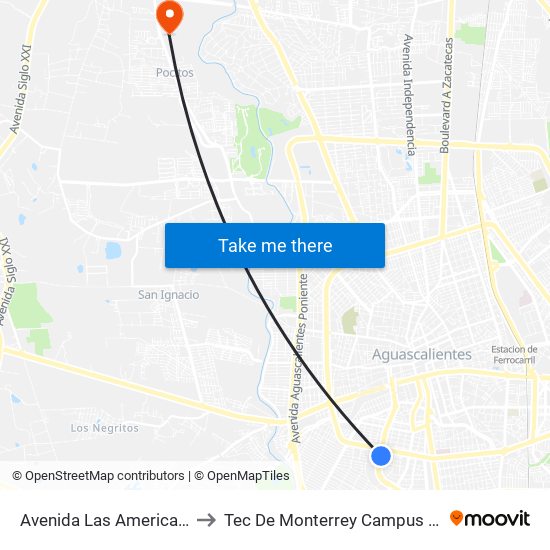 Avenida Las Americas, 413-1404 to Tec De Monterrey Campus Aguascalientes map