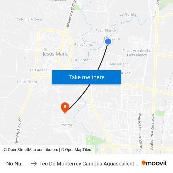 No Name to Tec De Monterrey Campus Aguascalientes map