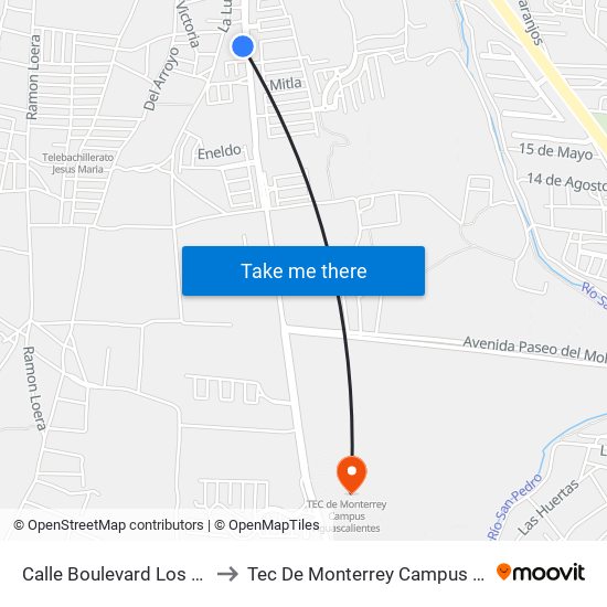 Calle Boulevard Los Pocitos, 135 to Tec De Monterrey Campus Aguascalientes map
