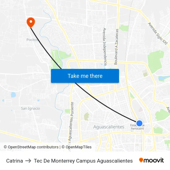 Catrina to Tec De Monterrey Campus Aguascalientes map