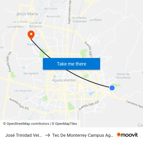 José Trinidad Velas Salas to Tec De Monterrey Campus Aguascalientes map
