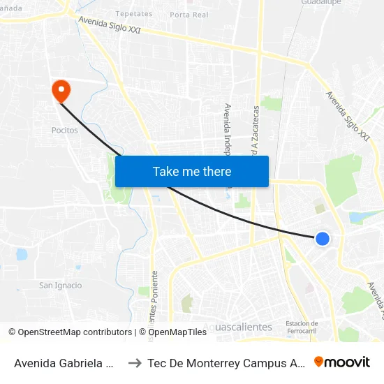 Avenida Gabriela Mistral 128 to Tec De Monterrey Campus Aguascalientes map