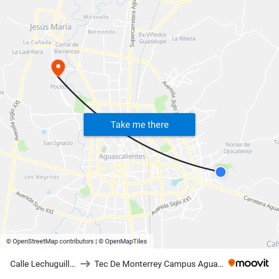 Calle Lechuguilla, 303 to Tec De Monterrey Campus Aguascalientes map