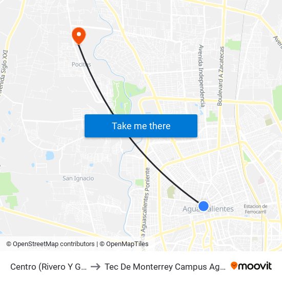 Centro (Rivero Y Gutiérrez) to Tec De Monterrey Campus Aguascalientes map