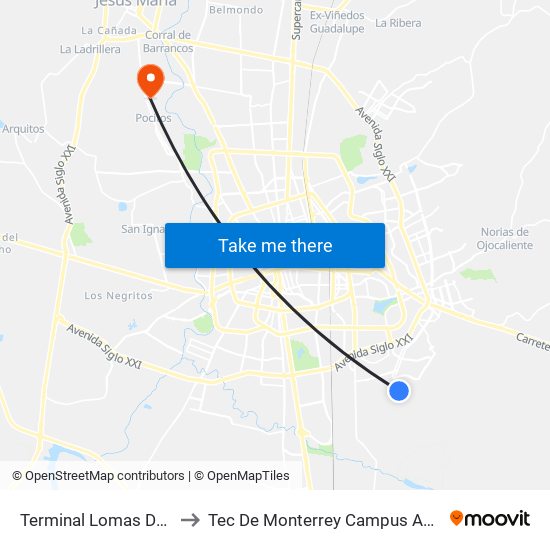 Terminal Lomas Del Ajedrez to Tec De Monterrey Campus Aguascalientes map