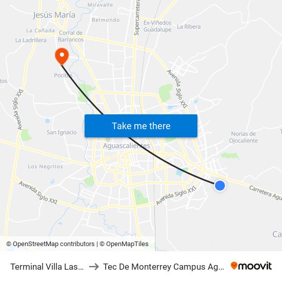 Terminal Villa Las Palmas to Tec De Monterrey Campus Aguascalientes map