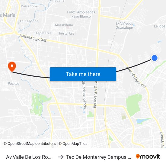 Av.Valle De Los Romeros, 1913 to Tec De Monterrey Campus Aguascalientes map