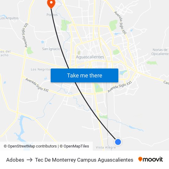 Adobes to Tec De Monterrey Campus Aguascalientes map