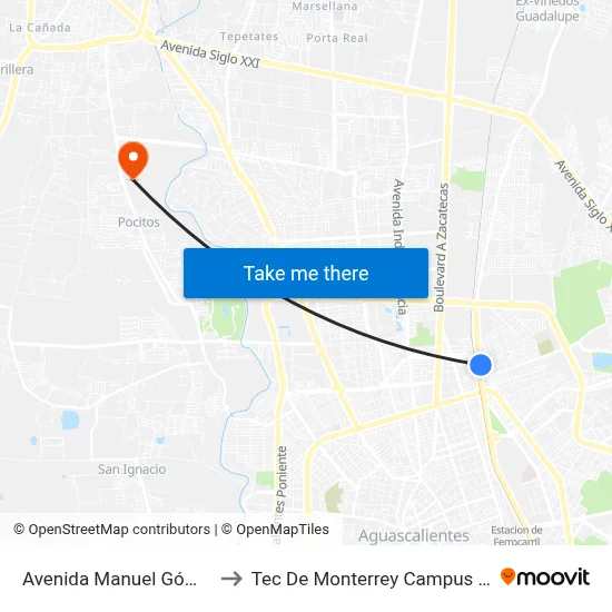 Avenida Manuel Gómez Morín, Lb to Tec De Monterrey Campus Aguascalientes map