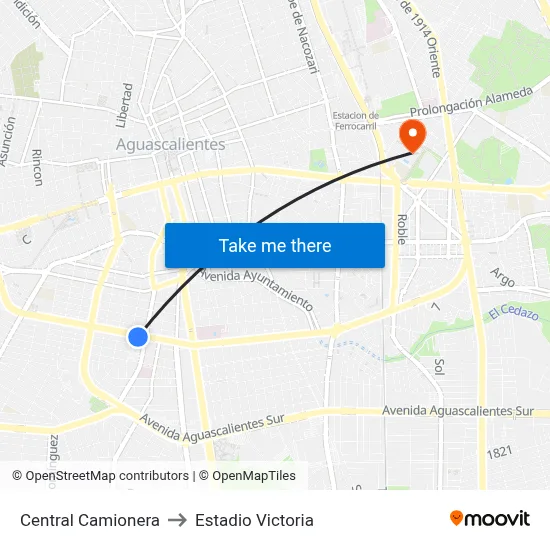 Central Camionera to Estadio Victoria map