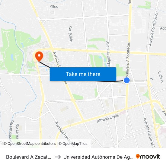 Boulevard A Zacatecas, 402 to Universidad Autónoma De Aguascalientes map