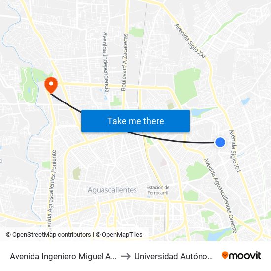 Avenida Ingeniero Miguel Angel Barberena Vega, 1110 to Universidad Autónoma De Aguascalientes map
