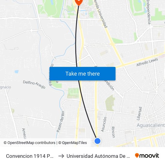 Convencion 1914 Poniente, 219 to Universidad Autónoma De Aguascalientes map
