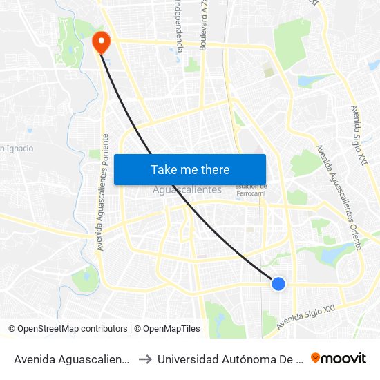 Avenida Aguascalientes Sur, 1065 to Universidad Autónoma De Aguascalientes map